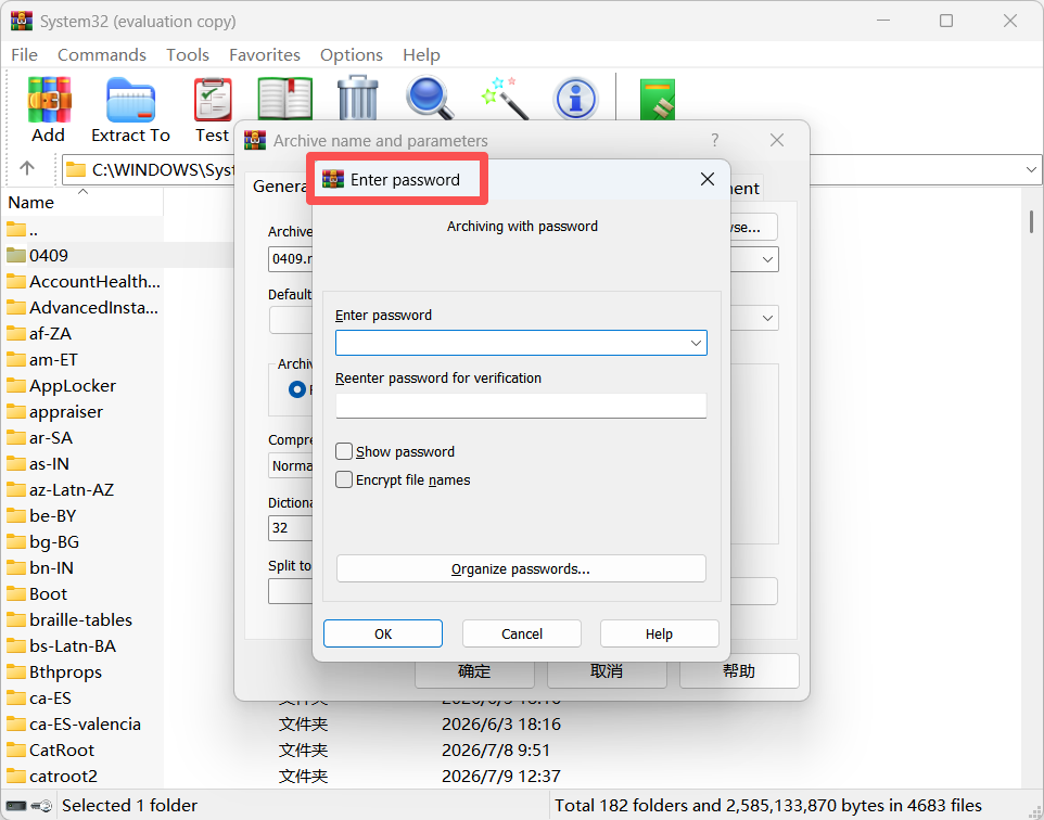WinRAR AES-256加密压缩密码设置界面 — 文件名加密选项